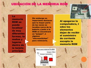 UBICACIÓN DE LA MEMORIA ROM

La
memoria
ROM se
puede
localizar
de muy
diferentes
formas, ta
maños y
lugares
dentro de
la tarjeta
principal.

Sin embargo es
importante destacar
que la mayor parte
de las veces se
localiza cerca de la
batería y junto a la
ROM se encontrará
un "jumper", ó
algunos
"microswitches"
para reiniciarla.

Al apagarse la
computadora, t
odos los
elementos
dejan de recibir
el suministro
de corriente
excepto la
memoria ROM

 