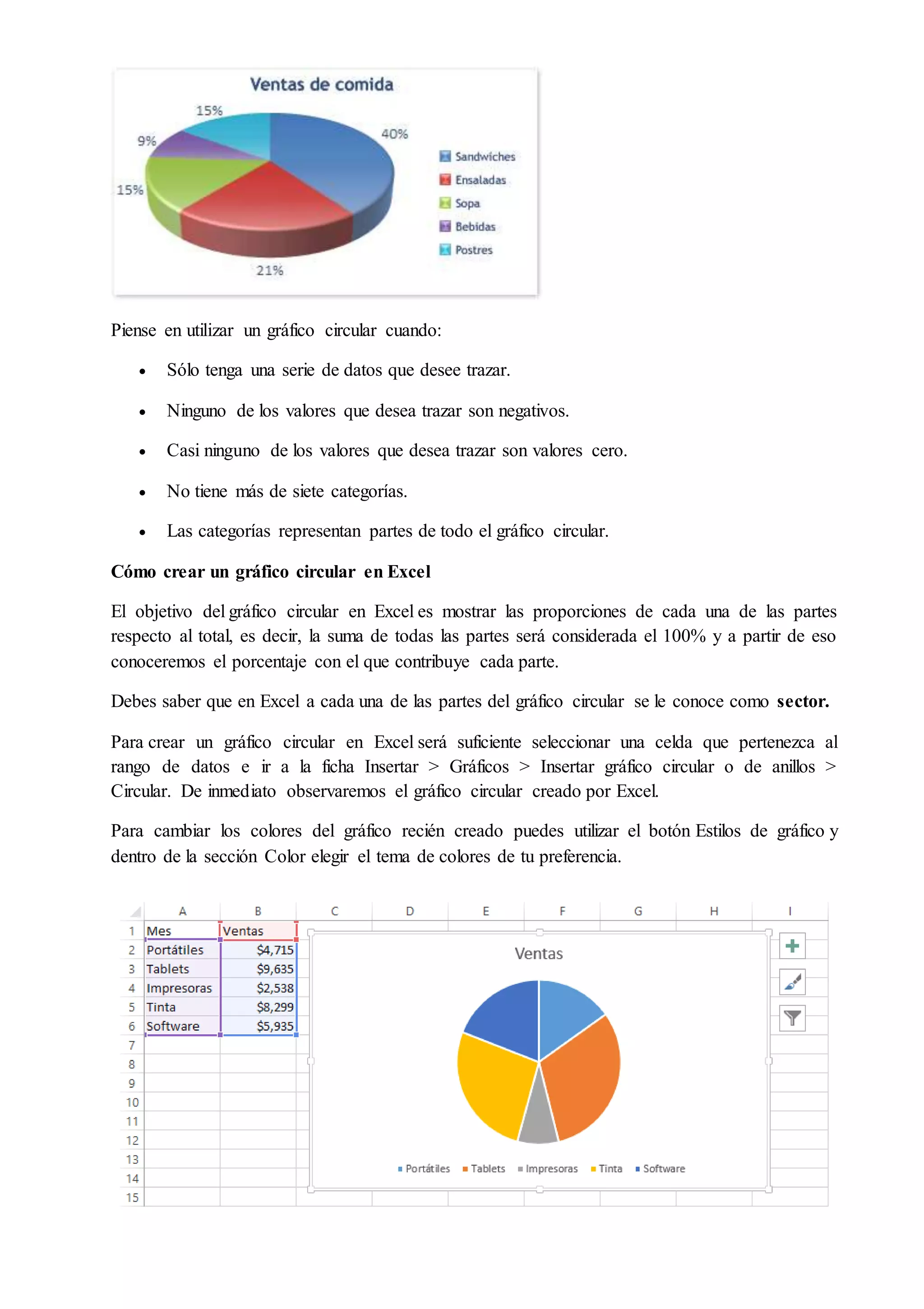 Piense en utilizar un gráfico circular cuando:
 Sólo tenga una serie de datos que desee trazar.
 Ninguno de los valores que desea trazar son negativos.
 Casi ninguno de los valores que desea trazar son valores cero.
 No tiene más de siete categorías.
 Las categorías representan partes de todo el gráfico circular.
Cómo crear un gráfico circular en Excel
El objetivo del gráfico circular en Excel es mostrar las proporciones de cada una de las partes
respecto al total, es decir, la suma de todas las partes será considerada el 100% y a partir de eso
conoceremos el porcentaje con el que contribuye cada parte.
Debes saber que en Excel a cada una de las partes del gráfico circular se le conoce como sector.
Para crear un gráfico circular en Excel será suficiente seleccionar una celda que pertenezca al
rango de datos e ir a la ficha Insertar > Gráficos > Insertar gráfico circular o de anillos >
Circular. De inmediato observaremos el gráfico circular creado por Excel.
Para cambiar los colores del gráfico recién creado puedes utilizar el botón Estilos de gráfico y
dentro de la sección Color elegir el tema de colores de tu preferencia.
 