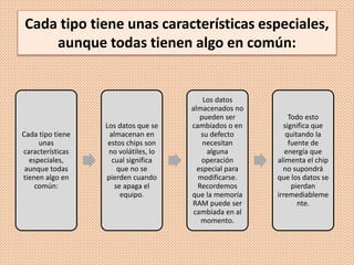 Cada tipo tiene unas características especiales,
aunque todas tienen algo en común:
Cada tipo tiene
unas
características
especiales,
aunque todas
tienen algo en
común:
Los datos que se
almacenan en
estos chips son
no volátiles, lo
cual significa
que no se
pierden cuando
se apaga el
equipo.
Los datos
almacenados no
pueden ser
cambiados o en
su defecto
necesitan
alguna
operación
especial para
modificarse.
Recordemos
que la memoria
RAM puede ser
cambiada en al
momento.
Todo esto
significa que
quitando la
fuente de
energía que
alimenta el chip
no supondrá
que los datos se
pierdan
irremediableme
nte.
 