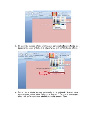3. Si, además, deseas añadir una imagen personalizada como fondo de
documento, acude a 'Color de la página' y haz click en 'Efectos de relleno'.
4. Acude, en la nueva ventana emergente, a la categoría 'Imagen' para,
seguidamente, pulsar sobre 'Seleccionar Imagen...'. Escoge la que desees
y haz click en 'Aceptar' para añadirla en tu documento Word.
 