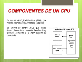 La unidad de lógica/aritmética (ALU), que
realiza operaciones aritméticas y lógicas.
La unidad de control (CU), que extrae
instrucciones de la memoria, las descifra y
ejecuta, llamando a la ALU cuando es
necesario.

 