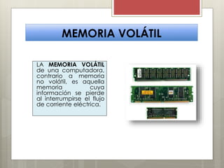 MEMORIA VOLÁTIL
LA MEMORIA VOLÁTIL
de una computadora,
contrario a memoria
no volátil, es aquella
memoria
cuya
información se pierde
al interrumpirse el flujo
de corriente eléctrica.

 
