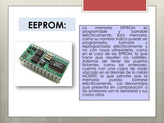 EEPROM:

La
memoria
EEPROM
es
programable
y
borrable
eléctricamente. Esta memoria,
como su nombre indica puede ser
programada,
borrada
y
reprogramada eléctricamente y
no con rayos ultravioleta, como
en el caso de las EPROM, lo que
hace que resulten no volátiles.
Además de tener las puertas
flotantes, como las anteriores,
cuenta con una capa de óxido
ubicado en el drenaje de la celda
MOSFET, lo que permite que la
memoria
pueda
borrarse
eléctricamente. Las desventajas
que presenta en comparación a
las anteriores son la densidad y sus
costos altos.

 