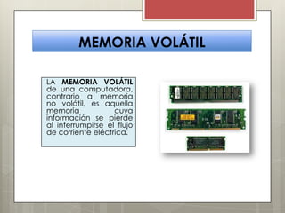 MEMORIA VOLÁTIL
LA MEMORIA VOLÁTIL
de una computadora,
contrario a memoria
no volátil, es aquella
memoria
cuya
información se pierde
al interrumpirse el flujo
de corriente eléctrica.

 