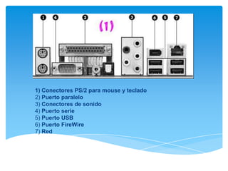 1) Conectores PS/2 para mouse y teclado
2) Puerto paralelo
3) Conectores de sonido
4) Puerto serie
5) Puerto USB
6) Puerto FireWire
7) Red
 