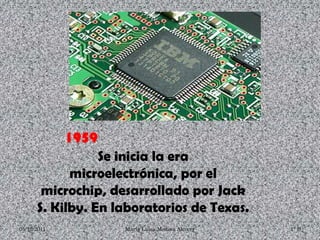1959
                 Se inicia la era
            microelectrónica, por el
       microchip, desarrollado por Jack
      S. Kilby. En laboratorios de Texas.
05/12/2011          María Luisa Medina Alcocer   1° B
 
