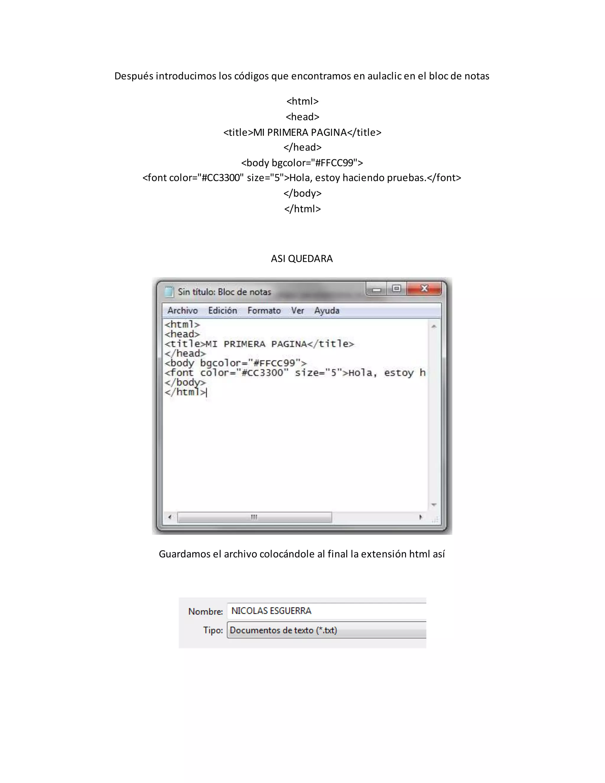 Después introducimos los códigos que encontramos en aulaclic en el bloc de notas
<html>
<head>
<title>MI PRIMERA PAGINA</title>
</head>
<body bgcolor="#FFCC99">
<font color="#CC3300" size="5">Hola, estoy haciendo pruebas.</font>
</body>
</html>
ASI QUEDARA
Guardamos el archivo colocándole al final la extensión html así