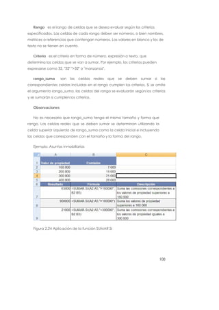 Rango es el rango de celdas que se desea evaluar según los criterios
especificados. Las celdas de cada rango deben ser números, o bien nombres,
matrices o referencias que contengan números. Los valores en blanco y los de
texto no se tienen en cuenta.

   Criterio es el criterio en forma de número, expresión o texto, que
determina las celdas que se van a sumar. Por ejemplo, los criterios pueden
expresarse como 32, "32" ">32" o "manzanas".

   rango_suma       son   las   celdas   reales   que   se   deben   sumar   si   las
correspondientes celdas incluidas en el rango cumplen los criterios. Si se omite
el argumento rango_suma, las celdas del rango se evaluarán según los criterios
y se sumarán si cumplen los criterios.

   Observaciones

   No es necesario que rango_suma tenga el mismo tamaño y forma que
rango. Las celdas reales que se deben sumar se determinan utilizando la
celda superior izquierda de rango_suma como la celda inicial e incluyendo
las celdas que corresponden con el tamaño y la forma del rango.

   Ejemplo: Asuntos inmobiliarios




   Figura 2.24 Aplicación de la función SUMAR.SI




                                                                                  100
 