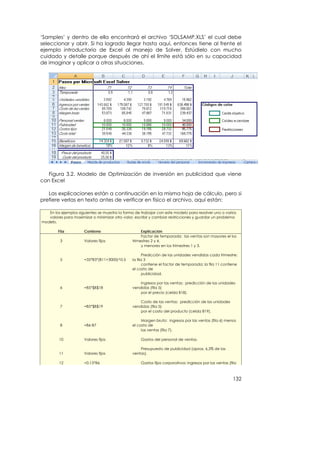 ‘Samples’ y dentro de ella encontrará el archivo ‘SOLSAMP.XLS’ el cual debe
seleccionar y abrir. Si ha logrado llegar hasta aquí, entonces tiene al frente el
ejemplo introductorio de Excel al manejo de Solver. Estúdielo con mucho
cuidado y detalle porque después de ahí el límite está sólo en su capacidad
de imaginar y aplicar a otras situaciones.




   Figura 3.2. Modelo de Optimización de inversión en publicidad que viene
con Excel

   Las explicaciones están a continuación en la misma hoja de cálculo, pero si
prefiere verlas en texto antes de verificar en físico el archivo, aquí están:

   En los ejemplos siguientes se muestra la forma de trabajar con este modelo para resolver uno o varios
   valores para maximizar o minimizar otro valor, escribir y cambiar restricciones y guardar un problema
modelo.

        Fila          Contiene                       Explicación
                                                     Factor de temporada: las ventas son mayores el los
         3            Valores fijos             trimestres 2 y 4,
                                                     y menores en los trimestres 1 y 3.

                                                       Predicción de las unidades vendidas cada trimestre:
         5            =35*B3*(B11+3000)^0,5     la fila 3
                                                       contiene el factor de temporada; la fila 11 contiene
                                                el costo de
                                                       publicidad.

                                                    Ingresos por las ventas: predicción de las unidades
         6            =B5*$B$18                 vendidas (fila 5)
                                                    por el precio (celda B18).

                                                    Costo de las ventas: predicción de las unidades
         7            =B5*$B$19                 vendidas (fila 5)
                                                    por el costo del producto (celda B19).

                                                     Margen bruto: ingresos por las ventas (fila 6) menos
         8            =B6-B7                    el costo de
                                                     las ventas (fila 7).

         10           Valores fijos                  Gastos del personal de ventas.

                                                    Presupuesto de publicidad (aprox. 6,3% de las
         11           Valores fijos             ventas).

         12           =0.15*B6                       Gastos fijos corporativos: ingresos por las ventas (fila



                                                                                                           132
 