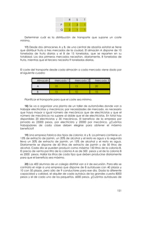 R     S     T
                                P      1     3     1
                                Q      2     1     1

   Determinar cuál es la distribución de transporte que supone un coste
mínimo.

    17) Desde dos almacenes A y B, de una central de abastos estatal se tiene
que distribuir fruta a tres mercados de la ciudad. El almacén A dispone de 10
toneladas de fruta diarias y el B de 15 toneladas, que se reparten en su
totalidad. Los dos primeros mercados necesitan, diariamente, 8 toneladas de
fruta, mientras que el tercero necesita 9 toneladas diarias.


El coste del transporte desde cada almacén a cada mercado viene dado por
el siguiente cuadro:

             Almacén       Mercado 1        Mercado 2       Mercado 3

             A             10               15              20

             B             15               10              10

   Planificar el transporte para que el coste sea mínimo.

    18) Se va a organizar una planta de un taller de automóviles donde van a
trabajar electricistas y mecánicos; por necesidades de mercado, es necesario
que haya mayor o igual número de mecánicos que de electricistas y que el
número de mecánicos no supere al doble que el de electricistas. En total hay
disponibles 20 electricistas y 30 mecánicos. El beneficio de la empresa por
jornada es 25000 pesos, por electricista y 20000 por mecánico. ¿Cuántos
trabajadores de cada clase deben elegirse para obtener el máximo
beneficio?

    19) Una empresa fabrica dos tipos de colonia: A y B. La primera contiene un
15% de extracto de jazmín, un 20% de alcohol y el resto es agua y la segunda
lleva un 30% de extracto de jazmín, un 15% de alcohol y el resto es agua.
Diariamente se dispone de 60 litros de extracto de jazmín y de 50 litros de
alcohol. Cada día se pueden producir como máximo 150 litros de la colonia B.
El precio de venta por litro de la colonia A es de 500 pesos y el de la colonia B
es 2000 pesos. Hallar los litros de cada tipo que deben producirse diariamente
para que el beneficio sea máximo.

   20) Los 400 alumnos de un colegio distrital van a ir de excursión. Para ello se
contrata el viaje a una empresa que dispone de 8 autobuses con 40 plazas y
10 con 50 plazas, pero sólo de 9 conductores para ese día. Dada la diferente
capacidad y calidad, el alquiler de cada autobús de los grandes cuesta 8000
pesos y el de cada uno de los pequeños, 6000 pesos. ¿Cuántos autobuses de




                                                                              151
 