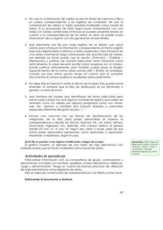 2. No usar la combinación de celdas ya sea en títulos de columna o fila o
      en celdas correspondientes a los registros de contenido. De usar la
      combinación de celdas su tabla quedaría inutilizable como fuente de
      datos. Si su procesador de texto logra hacer combinación con una
      tabla con celdas combinadas entonces se pueden presentar errores en
      cuanto a la correspondencia de los datos, es decir se puede cruzar
      información de un registro con otro generando errores fatales.

   3. Usar solamente una fila por cada registro. No se deben usar varias
      celdas para introducir la información correspondiente al mismo registro
      pues esto dejaría datos huérfanos o datos duplicados. Para introducir en
      una celda información larga usted puede usar el justificado de celdas,
      por ejemplo en Excel puede usar la opción: [Formato] – [Celdas] –
      [Alineación] y justificar de manera adecuada tanto horizontal como
      verticalmente. Si usted necesita escribir varios renglones en un campo,
      puede justificar verticalmente, pero también puede pasar al renglón
      siguiente dentro de la misma celda usando [Alt] + [Enter]. Sin embargo,
      cuando use esta última opción tenga en cuenta que al combinar
      documentos el campo podría no visualizarse adecuadamente.

   4. No dejar filas en blanco ni antes ni dentro de la tabla. Esto puede hacer
      entender al software que la lista de distribución se ha terminado o
      generar un error de envío.

   5. Usar nombres de campo que identifiquen de forma adecuada pero
      breve cada campo. No usar algunos nombres de registro que suelen ser
      tomados como no válidos por algunos programas como son: mane,
      user, No., domain, o nombres que incluyan símbolos o caracteres
      especiales diferentes del guión de piso “_”.

   6. Incluya una columna con las formas de denominación de los
      integrantes de la lista para poder personalizar al máximo la
      correspondencia y decirle así: Doctor, Doctora, Mr., Ms, Señor, Señora,
      Licenciado, Ingeniera, etc. Además, otro campo relativo al género
      donde irá una “o” ó una “a” según sea varón o mujer, para de esa
      forma poder personalizar expresiones como apreciado o apreciada,
      respetado o respetada, según el caso.

   ¡Error! No se pueden crear objetos modificando códigos de campo.               Comentario: Faltan algunas
  El gráfico muestra un ejemplo de una tabla de hoja electrónica con              tildes en el cuadro como en
                                                                                  “término”, “área”, “más” y
múltiples errores que la hacen inutilizable como fuente de datos.                 “buscarían”. También
                                                                                  aparece pegado la coma
                                                                                  a “pues” .
   Actividades de aprendizaje 
    Intercambie información con sus compañeros de grupo, construyendo y
alimentando una tabla con nombres, apellidos, correos electrónicos, teléfonos,
cargo y denominación. Tenga en cuenta las buenas prácticas de utilización
de hojas electrónicas como depósitos de datos.
    Vea el vídeo de combinación de correspondencia con Word y tome notas.

   Elaborando el documento a distribuir



                                                                            42
 