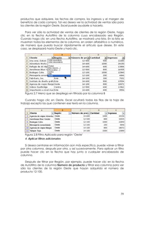 productos que adquiere, las fechas de compra, los ingresos y el margen de
beneficio de cada compra. Tal vez desea ver la actividad de ventas sólo para
los clientes de la región Oeste. Excel puede ayudarle a hacerlo.

    Para ver sólo la actividad de ventas de clientes de la región Oeste, haga
clic en la flecha Autofiltro de la columna cuyo encabezado sea Región.
Cuando haga clic en una flecha Autofiltro, se mostrará una lista. En la lista se
muestran todos los elementos de la columna, en orden alfabético o numérico,
de manera que pueda buscar rápidamente el artículo que desee. En este
caso, se desplazará hasta Oeste y hará clic.




   Figura 2.7 Menú que se despliega en filtrado por la columna B

   Cuando haga clic en Oeste, Excel ocultará todas las filas de la hoja de
trabajo excepto las que contienen ese texto en la columna.




   Figura 2.8 Filtro Aplicado para región ‘Oeste’
   4. Aplicar filtros adicionales

   Si desea centrarse en información aún más específica, puede volver a filtrar
por otra columna, después por otra, y así sucesivamente. Para aplicar un filtro
puede hacer clic en la flecha que hay junto a cualquier encabezado de
columna.

    Después de filtrar por Región, por ejemplo, puede hacer clic en la flecha
de Autofiltro de la columna Número de producto y filtrar esa columna para ver
sólo los clientes de la región Oeste que hayan adquirido el número de
producto 12-100.




                                                                             79
 