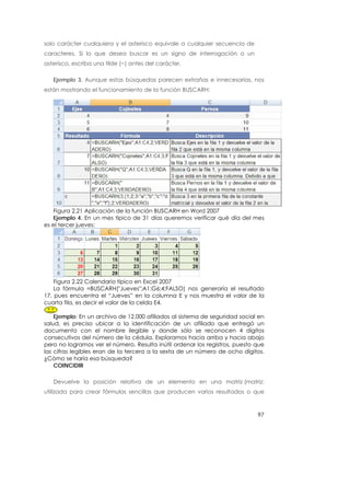 solo carácter cualquiera y el asterisco equivale a cualquier secuencia de
caracteres. Si lo que desea buscar es un signo de interrogación o un
asterisco, escriba una tilde (~) antes del carácter.

   Ejemplo 3. Aunque estas búsquedas parecen extrañas e innecesarias, nos
están mostrando el funcionamiento de la función BUSCARH:




    Figura 2.21 Aplicación de la función BUSCARH en Word 2007
    Ejemplo 4. En un mes típico de 31 días queremos verificar qué día del mes
es el tercer jueves:




    Figura 2.22 Calendario típico en Excel 2007
    La fórmula =BUSCARH("Jueves";A1:G6;4;FALSO) nos generaría el resultado
17, pues encuentra el “Jueves” en la columna E y nos muestra el valor de la
cuarta fila, es decir el valor de la celda E4.

    Ejemplo: En un archivo de 12.000 afiliados al sistema de seguridad social en
salud, es preciso ubicar a la identificación de un afiliado que entregó un
documento con el nombre ilegible y donde sólo se reconocen 4 dígitos
consecutivos del número de la cédula. Exploramos hacia arriba y hacia abajo
pero no logramos ver el número. Resulta inútil ordenar los registros, puesto que
las cifras legibles eran de la tercera a la sexta de un número de ocho dígitos.
¿Cómo se haría esa búsqueda?
    COINCIDIR

   Devuelve la posición relativa de un elemento en una matriz (matriz:
utilizada para crear fórmulas sencillas que producen varios resultados o que



                                                                             97
 