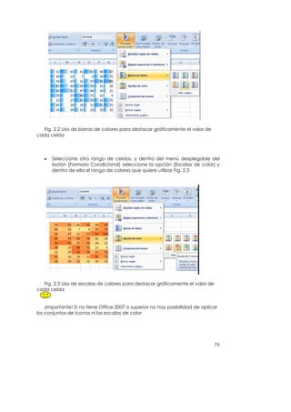 Fig. 2.2 Uso de barras de colores para destacar gráficamente el valor de
cada celda




   •   Seleccione otro rango de celdas, y dentro del menú desplegable del
       botón [Formato Condicional] seleccione la opción [Escalas de color] y
       dentro de ella el rango de colores que quiere utilizar Fig. 2.3




  Fig. 2.3 Uso de escalas de colores para destacar gráficamente el valor de
cada celda


    ¡Importante! Si no tiene Office 2007 o superior no hay posibilidad de aplicar
los conjuntos de iconos ni las escalas de color




                                                                               76
 