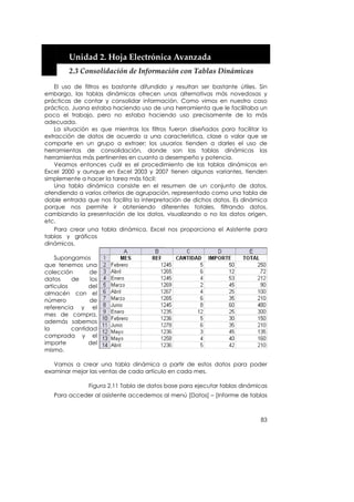  


        Unidad 2. Hoja Electrónica Avanzada 
        2.3 Consolidación de Información con Tablas Dinámicas 

    El uso de filtros es bastante difundido y resultan ser bastante útiles. Sin
embargo, las tablas dinámicas ofrecen unas alternativas más novedosas y
prácticas de contar y consolidar información. Como vimos en nuestro caso
práctico, Juana estaba haciendo uso de una herramienta que le facilitaba un
poco el trabajo, pero no estaba haciendo uso precisamente de la más
adecuada.
    La situación es que mientras los filtros fueron diseñados para facilitar la
extracción de datos de acuerdo a una característica, clase o valor que se
comparte en un grupo a extraer; los usuarios tienden a darles el uso de
herramientas de consolidación, donde son las tablas dinámicas las
herramientas más pertinentes en cuanto a desempeño y potencia.
    Veamos entonces cuál es el procedimiento de las tablas dinámicas en
Excel 2000 y aunque en Excel 2003 y 2007 tienen algunas variantes, tienden
simplemente a hacer la tarea más fácil:
    Una tabla dinámica consiste en el resumen de un conjunto de datos,
atendiendo a varios criterios de agrupación, representado como una tabla de
doble entrada que nos facilita la interpretación de dichos datos. Es dinámica
porque nos permite ir obteniendo diferentes totales, filtrando datos,
cambiando la presentación de los datos, visualizando o no los datos origen,
etc.
    Para crear una tabla dinámica, Excel nos proporciona el Asistente para
tablas y gráficos
dinámicos.

    Supongamos
que tenemos una
colección       de
datos     de    los
artículos       del
almacén con el
número          de
referencia y el
mes de compra,
además sabemos
la        cantidad
comprada y el
importe         del
mismo.

   Vamos a crear una tabla dinámica a partir de estos datos para poder
examinar mejor las ventas de cada artículo en cada mes.

               Figura 2.11 Tabla de datos base para ejecutar tablas dinámicas
   Para acceder al asistente accedemos al menú [Datos] – [Informe de tablas



                                                                            83
 