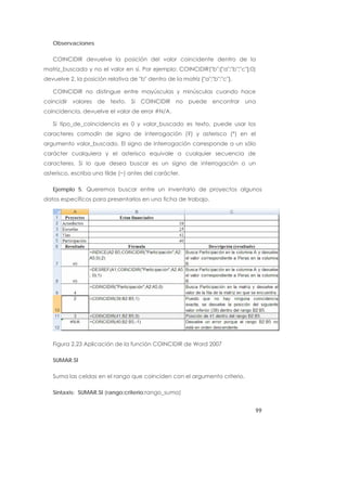 Observaciones

   COINCIDIR devuelve la posición del valor coincidente dentro de la
matriz_buscada y no el valor en sí. Por ejemplo: COINCIDIR("b";{"a";"b";"c"};0)
devuelve 2, la posición relativa de "b" dentro de la matriz {"a";"b";"c"}.

   COINCIDIR no distingue entre mayúsculas y minúsculas cuando hace
coincidir valores de texto. Si COINCIDIR no puede encontrar una
coincidencia, devuelve el valor de error #N/A.

   Si tipo_de_coincidencia es 0 y valor_buscado es texto, puede usar los
caracteres comodín de signo de interrogación (?) y asterisco (*) en el
argumento valor_buscado. El signo de interrogación corresponde a un sólo
carácter cualquiera y el asterisco equivale a cualquier secuencia de
caracteres. Si lo que desea buscar es un signo de interrogación o un
asterisco, escriba una tilde (~) antes del carácter.

   Ejemplo 5. Queremos buscar entre un inventario de proyectos algunos
datos específicos para presentarlos en una ficha de trabajo.




   Figura 2.23 Aplicación de la función COINCIDIR de Word 2007

   SUMAR.SI

   Suma las celdas en el rango que coinciden con el argumento criterio.

   Sintaxis: SUMAR.SI (rango;criterio;rango_suma)


                                                                              99
 