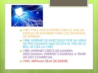  1987: PAUL MOCKAPETRIS CREA EL DNS UN
SISTEMA DE NOMBRES PARA LOS DOMINIOS
DE INTERNET.
 1988: INTERNET ES INFECTADO POR UN VIRUS
DE TIPO GUSANO QUE OCUPA EL 10% DE LA
RED, SE CRA LA CERT.
 1989: INTERNET CRECE DE MANERA
DESCOMUNA. INTERNET COMIENZA A TENER
UN USO COMERCIAL.
 1990: ARPAnet DEJA DE EXIXTIR.
 