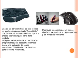 Una de las características de este teclado
es una función denominada 'Zoom Slider',
que permite hacer zoom de forma rápida y
precisa sobre cualquier parte de la
pantalla.
Incorpora varias teclas de acceso directo
programables para acceder a Internet o
lanzar una aplicación de correo
electrónico. También dispone de teclas
para el control multimedia.
Un mouse ergonómico es un mouse
diseñado para reducir la carga muscular
y las molestias o lesiones.
 