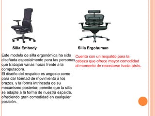 Silla Embody
Este modelo de silla ergonómica ha sido
diseñada especialmente para las personas
que trabajan varias horas frente a la
computadora.
El diseño del respaldo es angosto como
para dar libertad de movimiento a los
brazos, y la forma intrincada de su
mecanismo posterior, permite que la silla
se adapte a la forma de nuestra espalda,
ofreciendo gran comodidad en cualquier
posición.
Silla Ergohuman
Cuenta con un respaldo para la
cabeza que ofrece mayor comodidad
al momento de recostarse hacia atrás.
 