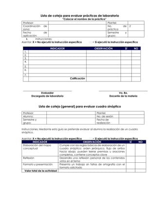 Lista de cotejo para evaluar prácticas de laboratorio
“Colocar el nombre de la práctica”
Profesor: Plantel:
Coordinación de
zona:
No. de
práctica
2
Fecha de
aplicación:
Semestre y
grupo:
I. Instrucciones:
Asentar: X = No ejecutó la instrucción específica = Sí ejecutó la instrucción específica
INDICADOR OBSERVACIÓN SÍ NO
1.
2.
3.
4.
5.
6.
7.
Calificación
Evaluador Vo. Bo.
Encargada de laboratorio Docente de la materia
Lista de cotejo (general) para evaluar cuadro sinóptico
Profesor: Plantel:
Alumno: No. de sesión
Semestre y
grupo:
Fecha de
realización
Instrucciones: Mediante esta guía se pretende evaluar al alumno la realización de un cuadro
sinóptico.
Asentar: X = No ejecutó la instrucción específica = Sí ejecutó la instrucción específica
INDICADOR OBSERVACIÓN SÍ NO
Elaboración del mapa
conceptual
Cumple con las reglas básicas de elaboración de un
cuadro sinóptico: orden jerárquico, flujo de arriba
hacia abajo, pueden leerse premisas u oraciones
completas, contiene conceptos clave
Reflexión Desarrolla una reflexión personal de los contenidos
vistos en el tema
Formato y presentación Presenta un trabajo sin faltas de ortografía con el
formato solicitado
Valor total de la actividad
 