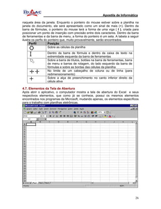 Apostila de Informática

naquela área da janela. Enquanto o ponteiro do mouse estiver sobre a planilha na
janela do documento, ele será apresentado como um sinal de mais (+). Dentro da
barra de fórmulas, o ponteiro do mouse terá a forma de uma viga ( I ), criada para
posicionar um ponto de inserção com precisão entre dois caracteres. Dentro da barra
de ferramentas e da barra de menu, a forma do ponteiro é um seta. A tabela a seguir
ilustra os perfis do ponteiro que, muito provavelmente, serão encontrados.
      Perfil         Posição
                     Sobre as células da planilha
                 Dentro da barra de fórmula e dentro da caixa de texto na
                 extremidade esquerda da barra de ferramentas
                 Sobre a barra de títulos, botões na barra de ferramentas, barra
                 de menu e barras de rolagem, do lado esquerdo da barra de
                 fórmulas e sobre as bordas das células da planilha
                 No limite de um cabeçalho de coluna ou de linha (para
                 redimensionamento)
                 Sobre a alça de preenchimento no canto inferior direito da
                 célula ativa

4.7. Elementos da Tela de Abertura
Após abrir o aplicativo, o computador mostra a tela de abertura do Excel e seus
respectivos elementos, que como já se conhece, possui os mesmos elementos
encontrados nos programas da Microsoft, mudando apenas, os elementos específicos
para o trabalho com planilhas eletrônicas.




                                                                                   26
 