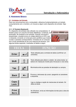 Introdução a Informática
5. HARDWARE BÁSICO

5.1. Unidades de Entrada
Para nos comunicarmos com o computador, utilizamos fundamentalmente um teclado
(conjuntamente com o monitor), um mouse ou algum outro dispositivo de entrada. Veja-
mos.

5.1.1. O Teclado (Keyboard)
É o dispositivo de entrada mais utilizado nos computadores. O
teclado possui um conjunto de teclas alfabéticas, numéricas, de
pontuação, de símbolos e de controles. Quando uma tecla é
pressionada, o teclado envia um código eletrônico à CPU, que
o interpreta, enviando um sinal para outro periférico que mostra
na tela o caractere correspondente. O teclado de um computa-
dor é muito semelhante ao de uma máquina de escrever, com
algumas teclas especiais, mostradas na tabela a seguir.


      TECLA                                        FUNÇÃO
                                 Tecla utilizada para a entrada de dados (confirmar um
                                 comando)


                                 Tecla utilizada para alterar o estado de outras teclas: se
                                 estiver em maiúsculo inverte para minusculo e vice-versa.


                                Movimenta entre as paradas de tabulação ou campos.



                                Provoca o retrocesso dp cursor, apagando os caracteres
                                a esquerda.



                                 Liga ou desliga a opção de maiúsculas do teclado. Só
                                 afeta as letras.



                                 No Windows, envia as informações da tela para a área de
                                 tranferência.
 