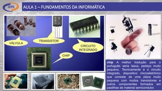 AULA 1 – FUNDAMENTOS DA INFORMÁTICA
chip A melhor tradução para o
português seria lasca, pedaço muito
pequeno. Tecnicamente é o circuito
integrado, dispositivo microeletrônico
que consiste de uma placa muito
pequena com muitos transístores e
outros componentes formados em
pastilhas de material semicondutor.
 