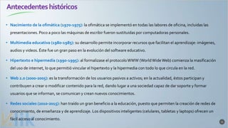 Antecedenteshistóricos
11
• Nacimiento de la ofimática (1970-1975): la ofimática se implementó en todas las labores de oficina, incluidas las
presentaciones. Poco a poco las máquinas de escribir fueron sustituidas por computadoras personales.
• Multimedia educativa (1980-1985): su desarrollo permite incorporar recursos que facilitan el aprendizaje: imágenes,
audios y videos. Éste fue un gran paso en la evolución del software educativo.
• Hipertexto e hipermedia (1990-1995): al formalizase el protocoloWWW (WorldWideWeb) comienza la masificación
del uso de internet, lo que permitió vincular el hipertexto y la hipermedia con todo lo que circula en la red.
• Web 2.0 (2000-2005): es la transformación de los usuarios pasivos a activos; en la actualidad, éstos participan y
contribuyen a crear o modificar contenido para la red, dando lugar a una sociedad capaz de dar soporte y formar
usuarios que se informan, se comunican y crean nuevos conocimientos.
• Redes sociales (2010-2015): han traído un gran beneficio a la educación, puesto que permiten la creación de redes de
conocimiento, de enseñanza y de aprendizaje. Los dispositivos inteligentes (celulares, tabletas y laptops) ofrecen un
fácil acceso al conocimiento.
 
