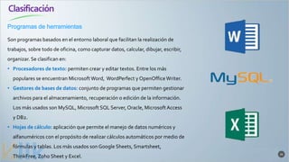 Clasificación
26
Son programas basados en el entorno laboral que facilitan la realización de
trabajos, sobre todo de oficina, como capturar datos, calcular, dibujar, escribir,
organizar. Se clasifican en:
• Procesadores de texto: permiten crear y editar textos. Entre los más
populares se encuentran MicrosoftWord, WordPerfect y OpenOfficeWriter.
• Gestores de bases de datos: conjunto de programas que permiten gestionar
archivos para el almacenamiento, recuperación o edición de la información.
Los más usados son MySQL, Microsoft SQL Server, Oracle, MicrosoftAccess
y DB2.
• Hojas de cálculo: aplicación que permite el manejo de datos numéricos y
alfanuméricos con el propósito de realizar cálculos automáticos por medio de
fórmulas y tablas. Los más usados son Google Sheets, Smartsheet,
ThinkFree, Zoho Sheet y Excel.
Programas de herramientas
 
