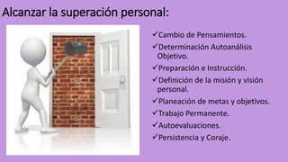 Alcanzar la superación personal:
Cambio de Pensamientos.
Determinación Autoanálisis
Objetivo.
Preparación e Instrucción.
Definición de la misión y visión
personal.
Planeación de metas y objetivos.
Trabajo Permanente.
Autoevaluaciones.
Persistencia y Coraje.
 
