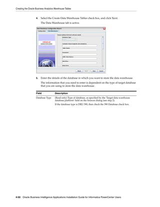 Creating the Oracle Business Analytics Warehouse Tables


                    4.   Select the Create Data Warehouse Tables check box, and click Next.
                         The Data Warehouse tab is active.




                    5.   Enter the details of the database in which you want to store the data warehouse.
                         The information that you need to enter is dependent on the type of target database
                         that you are using to store the data warehouse.

                    Field             Description
                    Database Type     (Read only) Type of database, as specified by the 'Target data warehouse
                                      database platform' field on the Sources dialog (see step 2).
                                      If the database type is DB2/390, then check the 390 Database check box.




4-50 Oracle Business Intelligence Applications Installation Guide for Informatica PowerCenter Users
 