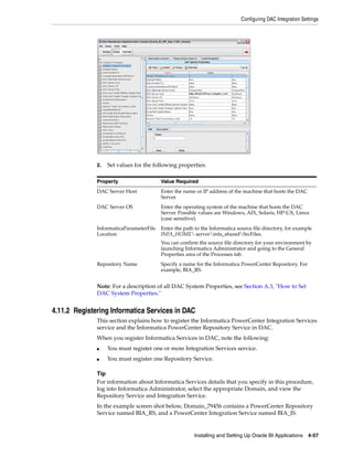 Configuring DAC Integration Settings




              2.   Set values for the following properties:

              Property                   Value Required
              DAC Server Host            Enter the name or IP address of the machine that hosts the DAC
                                         Server.
              DAC Server OS              Enter the operating system of the machine that hosts the DAC
                                         Server. Possible values are Windows, AIX, Solaris, HP-UX, Linux
                                         (case sensitive).
              InformaticaParameterFile   Enter the path to the Informatica source file directory, for example
              Location                   INFA_HOME serverinfa_sharedSrcFiles.
                                         You can confirm the source file directory for your environment by
                                         launching Informatica Administrator and going to the General
                                         Properties area of the Processes tab.
              Repository Name            Specify a name for the Informatica PowerCenter Repository. For
                                         example, BIA_RS.


              Note: For a description of all DAC System Properties, see Section A.3, "How to Set
              DAC System Properties."


4.11.2 Registering Informatica Services in DAC
              This section explains how to register the Informatica PowerCenter Integration Services
              service and the Informatica PowerCenter Repository Service in DAC.
              When you register Informatica Services in DAC, note the following:
              ■    You must register one or more Integration Services service.
              ■    You must register one Repository Service.

              Tip
              For information about Informatica Services details that you specify in this procedure,
              log into Informatica Administrator, select the appropriate Domain, and view the
              Repository Service and Integration Service.
              In the example screen shot below, Domain_79456 contains a PowerCenter Repository
              Service named BIA_RS, and a PowerCenter Integration Service named BIA_IS.


                                                        Installing and Setting Up Oracle BI Applications 4-57
 