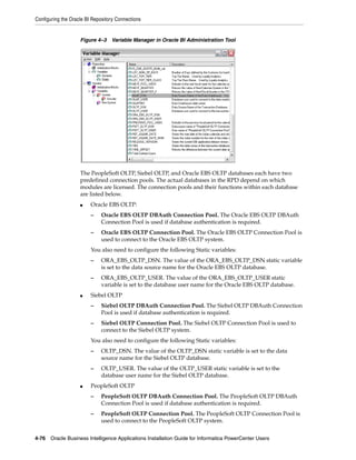 Configuring the Oracle BI Repository Connections


                    Figure 4–3 Variable Manager in Oracle BI Administration Tool




                    The PeopleSoft OLTP, Siebel OLTP, and Oracle EBS OLTP databases each have two
                    predefined connection pools. The actual databases in the RPD depend on which
                    modules are licensed. The connection pools and their functions within each database
                    are listed below.
                    ■    Oracle EBS OLTP:
                         –    Oracle EBS OLTP DBAuth Connection Pool. The Oracle EBS OLTP DBAuth
                              Connection Pool is used if database authentication is required.
                         –    Oracle EBS OLTP Connection Pool. The Oracle EBS OLTP Connection Pool is
                              used to connect to the Oracle EBS OLTP system.
                         You also need to configure the following Static variables:
                         –    ORA_EBS_OLTP_DSN. The value of the ORA_EBS_OLTP_DSN static variable
                              is set to the data source name for the Oracle EBS OLTP database.
                         –    ORA_EBS_OLTP_USER. The value of the ORA_EBS_OLTP_USER static
                              variable is set to the database user name for the Oracle EBS OLTP database.
                    ■    Siebel OLTP
                         –    Siebel OLTP DBAuth Connection Pool. The Siebel OLTP DBAuth Connection
                              Pool is used if database authentication is required.
                         –    Siebel OLTP Connection Pool. The Siebel OLTP Connection Pool is used to
                              connect to the Siebel OLTP system.
                         You also need to configure the following Static variables:
                         –    OLTP_DSN. The value of the OLTP_DSN static variable is set to the data
                              source name for the Siebel OLTP database.
                         –    OLTP_USER. The value of the OLTP_USER static variable is set to the
                              database user name for the Siebel OLTP database.
                    ■    PeopleSoft OLTP
                         –    PeopleSoft OLTP DBAuth Connection Pool. The PeopleSoft OLTP DBAuth
                              Connection Pool is used if database authentication is required.
                         –    PeopleSoft OLTP Connection Pool. The PeopleSoft OLTP Connection Pool is
                              used to connect to the PeopleSoft OLTP system.


4-76 Oracle Business Intelligence Applications Installation Guide for Informatica PowerCenter Users
 