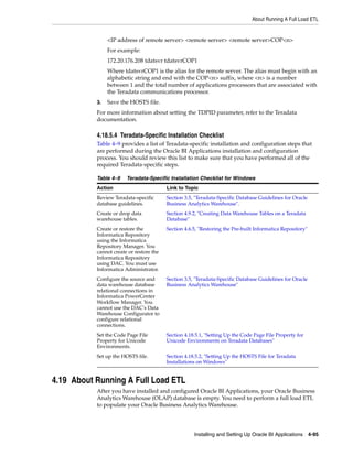 About Running A Full Load ETL


                <IP address of remote server> <remote server> <remote server>COP<n>
                For example:
                172.20.176.208 tdatsvr tdatsvrCOP1
                Where tdatsvrCOP1 is the alias for the remote server. The alias must begin with an
                alphabetic string and end with the COP<n> suffix, where <n> is a number
                between 1 and the total number of applications processors that are associated with
                the Teradata communications processor.
           3.   Save the HOSTS file.
           For more information about setting the TDPID parameter, refer to the Teradata
           documentation.

           4.18.5.4 Teradata-Specific Installation Checklist
           Table 4–9 provides a list of Teradata-specific installation and configuration steps that
           are performed during the Oracle BI Applications installation and configuration
           process. You should review this list to make sure that you have performed all of the
           required Teradata-specific steps.

           Table 4–9    Teradata-Specific Installation Checklist for Windows
           Action                         Link to Topic
           Review Teradata-specific       Section 3.5, "Teradata-Specific Database Guidelines for Oracle
           database guidelines.           Business Analytics Warehouse".
           Create or drop data            Section 4.9.2, "Creating Data Warehouse Tables on a Teradata
           warehouse tables.              Database"
           Create or restore the          Section 4.6.5, "Restoring the Pre-built Informatica Repository"
           Informatica Repository
           using the Informatica
           Repository Manager. You
           cannot create or restore the
           Informatica Repository
           using DAC. You must use
           Informatica Administrator.
           Configure the source and       Section 3.5, "Teradata-Specific Database Guidelines for Oracle
           data warehouse database        Business Analytics Warehouse"
           relational connections in
           Informatica PowerCenter
           Workflow Manager. You
           cannot use the DAC's Data
           Warehouse Configurator to
           configure relational
           connections.
           Set the Code Page File         Section 4.18.5.1, "Setting Up the Code Page File Property for
           Property for Unicode           Unicode Environments on Teradata Databases"
           Environments.
           Set up the HOSTS file.         Section 4.18.5.2, "Setting Up the HOSTS File for Teradata
                                          Installations on Windows"


4.19 About Running A Full Load ETL
           After you have installed and configured Oracle BI Applications, your Oracle Business
           Analytics Warehouse (OLAP) database is empty. You need to perform a full load ETL
           to populate your Oracle Business Analytics Warehouse.




                                                      Installing and Setting Up Oracle BI Applications 4-95
 