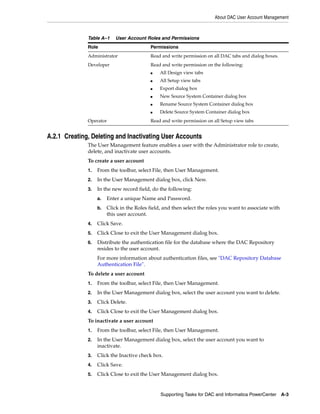 About DAC User Account Management



              Table A–1     User Account Roles and Permissions
              Role                         Permissions
              Administrator                Read and write permission on all DAC tabs and dialog boxes.
              Developer                    Read and write permission on the following:
                                           ■    All Design view tabs
                                           ■    All Setup view tabs
                                           ■    Export dialog box
                                           ■    New Source System Container dialog box
                                           ■    Rename Source System Container dialog box
                                           ■    Delete Source System Container dialog box
              Operator                     Read and write permission on all Setup view tabs


A.2.1 Creating, Deleting and Inactivating User Accounts
              The User Management feature enables a user with the Administrator role to create,
              delete, and inactivate user accounts.
              To create a user account
              1.   From the toolbar, select File, then User Management.
              2.   In the User Management dialog box, click New.
              3.   In the new record field, do the following:
                   a.   Enter a unique Name and Password.
                   b.   Click in the Roles field, and then select the roles you want to associate with
                        this user account.
              4.   Click Save.
              5.   Click Close to exit the User Management dialog box.
              6.   Distribute the authentication file for the database where the DAC Repository
                   resides to the user account.
                   For more information about authentication files, see "DAC Repository Database
                   Authentication File".
              To delete a user account
              1.   From the toolbar, select File, then User Management.
              2.   In the User Management dialog box, select the user account you want to delete.
              3.   Click Delete.
              4.   Click Close to exit the User Management dialog box.
              To inactivate a user account
              1.   From the toolbar, select File, then User Management.
              2.   In the User Management dialog box, select the user account you want to
                   inactivate.
              3.   Click the Inactive check box.
              4.   Click Save.
              5.   Click Close to exit the User Management dialog box.


                                                Supporting Tasks for DAC and Informatica PowerCenter     A-3
 