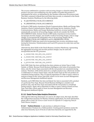 Metadata Setup Steps for Siebel CRM Sources


                   The revenue attributed to a product with recurring charges is valued by taking the
                   product's net price and multiplying it by the number of months that product is
                   anticipated to be active, as represented by the Number of Revenue Occurrences field.
                   This field, contained in Quote Item and Order Item records, is contained in the Oracle
                   Business Analytics Warehouse by the following fields:
                   ■    W_QUOTEITEM_F.NUM_OCCURRENCE
                   ■    W_ORDERITEM_F.NUM_OCCURRENCE
                   In Oracle's CME family of products (Oracle Communications, Media and Energy Sales
                   Analytics, Oracle Communications, Media and Energy Service Analytics, Oracle
                   Communications, Media and Energy Marketing Analytics), revenue metrics do not
                   automatically account for all recurring charges, and do not consider the NUM_
                   OCCURRENCE fields. Instead, Oracle's CME family of products revenue metrics
                   incorporate one-time charges, one-month's worth of recurring charges, and no usage
                   charges. To incorporate the anticipated value of all recurring charges, the W_
                   QUOTEITEM_F.NUM_OCCURRENCE and W_ORDERITEM_F.NUM_
                   OCCURRENCE fields may need to be incorporated into revenue calculations made
                   during the Extraction, Transformation and Load (ETL) process for order item and line
                   item records.
                   Alternatively, these fields in the Oracle Business Analytics Warehouse, representing
                   the aggregated recurring and one-time product charges, may be used and
                   incorporated into the ETL processes:
                   ■    S_ORDERITEM.PER_MTH_CHG_SUBTOT
                   ■    S_ORDERITEM.ONETIME_CHG_SUBTOT
                   ■    S_QUOTEITEM.PER_MTH_CHG_SUBTOT
                   ■    S_QUOTEITEM.ONETIME_CHG_SUBTOT
                   Each CME Order line item and Quote line item contains an Action Type of Add,
                   Update, or Delete. Because Oracle Business Intelligence only looks at root product line
                   items, only the Action Types associated with the root product are considered during
                   analysis. Therefore, while all line items for a complex product may collectively include
                   a combination of various Action Types, only the Action Type for the root product are
                   considered during analysis. This is of special importance if a filter or query criteria in
                   analysis is based on the Action Type field, which it is for most Account Management
                   and Revenue Management dashboard reports.
                   Similarly, each CME Order line item and Quote line item is associated with a product
                   of a particular Price Type. Because Oracle Business Intelligence considers root
                   products only, only the Price Type associated with the root product is considered
                   during analysis. Again, this is important if a filter or query criteria is based on Price
                   Type. Such filter criteria apply to most Account Management and Revenue
                   Management dashboard reports.

                   D.1.3.2 Oracle Pharma Sales Analytics Dimensions
                   Although the following dimensions are used in all subject areas, this topic describes
                   the configuration necessary for Pharma Analytics applications. For more information,
                   please refer to Siebel Life Sciences Guide Version 8.0 Appendix B: Configuring Data for
                   Siebel Pharma Analytics.

                   D.1.3.2.1 Positions Dimension A sales territory is defined in Group
                   Administration–Positions by a Siebel position. Creating parent positions creates the
                   sales force hierarchy. Up to 10 levels of sales force hierarchy are supported by the



D-4 Oracle Business Intelligence Applications Installation Guide for Informatica PowerCenter Users
 