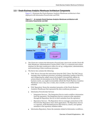 Oracle Business Analytics Warehouse Architecture



2.3.1 Oracle Business Analytics Warehouse Architecture Components
             Figure 2–1 illustrates the Oracle Business Analytics Warehouse architecture when
             deployed with Informatica PowerCenter and DAC.

             Figure 2–1 An example Oracle Business Analytics Warehouse architecture with
             Informatica PowerCenter and DAC




             ■   The Client tier contains the Informatica PowerCenter client tools and the Oracle BI
                 Data Warehouse Administration Console (DAC). DAC is a command and control
                 interface for the data warehouse to allow for set up, configuration, administration,
                 and monitoring of data warehouse processes.
             ■   The Server tier contains the following:
                 ■   DAC Server. Executes the instructions from the DAC Client. The DAC Server
                     manages data warehouse processes, including scheduling, loading of the ETL,
                     and configuring the subject areas to be loaded. It dynamically adjusts its
                     actions based on information in the DAC Repository. Depending on your
                     business needs, you might incrementally refresh the Oracle Business Analytics
                     Warehouse once a day, once a week, once a month, or on another similar
                     schedule.
                 ■   DAC Repository. Stores the metadata (semantics of the Oracle Business
                     Analytics Warehouse) that represents the data warehouse processes.
                 ■   Informatica PowerCenter Services:
                     –   Integration Services - The Integration Service reads workflow information
                         from the repository. The Integration Service connects to the repository
                         through the Repository Service to fetch metadata from the repository.
                     –   Repository Services - The Repository Service manages connections to the
                         PowerCenter Repository from client applications. The Repository Service
                         is a separate, multi-threaded process that retrieves, inserts, and updates
                         metadata in the repository database tables.
                 ■   Informatica Repository. Stores the metadata related to Informatica workflows.


                                                                 Overview of Oracle BI Applications 2-3
 