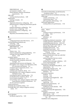 DB2CODEPAGE, 4-14                                     H
  environment variable, 4-14
  Oracle Business Analytics Warehouse                   hierarchical relationships, invalid hierarchy
       requirements, 3-4                                     exceptions, about, E-3
DB2-UDB                                                 high-level task list for installation and setup, 4-4
  creating stored procedures, 4-88                      home page
deployment                                                 content, customizing, C-6
  topology example, 4-2                                    customizing, about, C-6
dimensions                                                 path argument, determining, C-8
  alignments dimension, configuring, D-5                Horizontal applications
  pharmaceuticals, configuring dimensions specific         creating indexes for performance, 3-34
       to, D-6
  positions dimension, configuring, D-4                 I
  product costs, configuring, D-6
                                                        Index, Index-1
  products dimension, configuring, D-5
                                                        indexes
documentation
                                                            creating to improve performance, 3-34
  Repository Documentation feature, 2-5
                                                            S_.* tables, 3-35
                                                        INFA_HOME
E                                                           definition, 4-3
email                                                   Informatica
   configuring Email in the DAC Server, 4-73                configuring relational connections, 4-65
EnterpriseBusinessAnalytics.zip                             creating repository administrator, 4-33
   extracting, 4-84                                         creating Repository Service, 4-23, 4-25
environment variables                                       deploying with JDE World, JDE E1, 4-19
   DB2CODEPAGE, 4-14                                        domains file, define path, A-8
   NLS_LANG, 4-13                                           installing Client Tools, 4-21
ETL                                                         installing PowerCenter, 4-19
   History view, E-6                                        logging into PowerCenter Administration
   improve performance using partitioning, 3-15                  Console, A-13
   running with Non-English OLTP Data                       native security domain, 4-33
        Source, 3-38                                        pmrep and pmcmd, verify use with DAC
exception reports                                                Client, A-8
   additional exceptions, list of, E-6                      setting Integration Services custom
   circular hierarchy exceptions, about and                      properties, 4-32
        example, E-3                                        setting relaxes code page validation, 4-32
   cleansing the data, process and diagram, E-4             source and lookup files, 4-31
   ETL History view, using to view the history of the   Informatica PowerCenter
        ETL processes and statuses, E-6                     deploying with JDE World, JDE E1, 4-19
   exception report components, list of, E-1                requirements, 4-8
   exception, fixing, E-4                                   terminology changes in 8.6, 4-8
   exchange rate exceptions, about, E-3                 Informatica PowerCenter home
   Exchange Rate view, using to diagnose currency           definition, 4-3
        translation issues, E-5                         Informatica repository
   executing the report, cleansing steps, E-4               database, 4-11
   invalid hierarchy exceptions, about, E-3                 restoring, 4-26
   List of Values exceptions, E-1                           restoring for non-English OS, 4-28
   List of Values view, using to compare values with        versioned, F-1
        Oracle Business Analytics Warehouse, E-5        Informatica Server
   See also Cost List exceptions                            registering, 4-57
system preferences                                      infrastructure requirements, 4-7
exchange rate exceptions, about, E-3                    Initialization Blocks
Exchange Rate view, using to diagnose currency              enabling for multi-calendar, 4-80
     issues, E-5                                        initialization blocks
                                                            using with Oracle BI Applications, 3-34
                                                        installation
F                                                           database connectivity, 4-38
fiscal calendars                                            JDBC drivers, 4-38
    Init Blocks required for,   4-80                        Oracle BI Applications installation process task
                                                                 list, 4-4
                                                        installation and configuration


Index-2
 