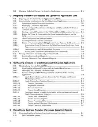 B.3         Changing the Default Currency in Analytics Applications................................................. B-5

C      Integrating Interactive Dashboards and Operational Applications Data
       C.1     Importing Oracle's Siebel Industry Applications Seed Data ...............................................                                      C-1
       C.2     Completing the Initialization in the Siebel Operational Application.................................                                           C-2
       C.2.1      Updating the Siebel Operational Application ................................................................                                C-2
       C.2.2      Reapplying Customized Style Sheets ..............................................................................                           C-3
       C.2.3      How to Configure Oracle Business Intelligence with Oracle's Siebel Web Server
                   Extension (SWSE)...............................................................................................................            C-4
       C.2.4      Creating a Virtual IP Address for the SWSE and Oracle BI Presentation Services...                                                           C-4
       C.2.5      Testing the Virtual IP Configuration for Oracle Business Intelligence and the
                  SWSE.....................................................................................................................................   C-5
       C.2.6      About Configuring Oracle BI Action Links ....................................................................                               C-5
       C.2.7      Accessing Optional Analytics Applications ...................................................................                               C-5
       C.2.8      Process of Customizing Oracle BI Application Home Page and Dashboards...........                                                            C-6
       C.2.8.1        Customizing Oracle BI Content on the Siebel Operational Application Home
                      Page................................................................................................................................    C-6
       C.2.8.2        Determining the Oracle BI Report Path Argument ................................................                                         C-8
       C.2.8.3        Adding Views for Custom Oracle BI Interactive Dashboards..............................                                                  C-8
       C.3     Viewing Information About Preconfigured Dashboards ....................................................                                        C-9
       C.3.1      Exposing Dashboards and Requests ................................................................................                           C-9
       C.3.2      Locating Dashboards, Page Names and Reports ...........................................................                                     C-9

D      Configuring Metadata for Oracle Business Intelligence Applications
       D.1     Metadata Setup Steps for Siebel CRM Sources......................................................................                              D-1
       D.1.1      Updating Oracle Financial Services Analytics Logical Table Sources ........................                                                 D-1
       D.1.2      Developing and Deploying Predictive Scores ................................................................                                 D-2
       D.1.3      Business Intelligence Metadata Requirements for Oracle's Siebel Industry
                  Applications.........................................................................................................................       D-3
       D.1.3.1        Oracle Telecom Sales Analytics, Telecom Service Analytics and Telecom
                      Marketing Analytics...................................................................................................                  D-3
       D.1.3.2        Oracle Pharma Sales Analytics Dimensions ............................................................                                   D-4
       D.1.3.2.1          Positions Dimension ............................................................................................                    D-4
       D.1.3.2.2          Alignments Dimension........................................................................................                        D-5
       D.1.3.2.3          Products Dimension.............................................................................................                     D-5
       D.1.3.2.4          Product Costs Dimension....................................................................................                         D-6
       D.1.3.3        Dimensions Specific to Subject Areas in Oracle Pharma Sales Analytics and
                      Oracle Pharma Marketing Analytics ........................................................................                              D-6
       D.1.3.3.1          Pharma Sales Effectiveness .................................................................................                        D-6
       D.1.3.3.2          Pharma Product Categories ................................................................................                          D-6
       D.1.3.3.3          Pharma Promotional Effectiveness....................................................................                                D-6
       D.1.3.3.4          Pharma Medical Education Effectiveness.........................................................                                     D-7
       D.1.3.3.5          Pharma Objectives Achievement`......................................................................                                D-7

E      Using Oracle Business Analytics Warehouse Exception Reports
       E.1         Understanding Oracle Business Analytics Warehouse Exceptions.................................... E-1
       E.1.1          List of Values Exceptions................................................................................................... E-1


viii
 