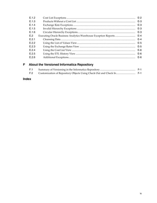 E.1.2      Cost List Exceptions ...........................................................................................................      E-2
    E.1.3      Products Without a Cost List ............................................................................................             E-3
    E.1.4      Exchange Rate Exceptions .................................................................................................            E-3
    E.1.5      Invalid Hierarchy Exceptions ...........................................................................................              E-3
    E.1.6      Circular Hierarchy Exceptions..........................................................................................               E-3
    E.2     Executing Oracle Business Analytics Warehouse Exception Reports................................                                          E-4
    E.2.1      Cleansing Data ....................................................................................................................   E-4
    E.2.2      Using the List of Values View...........................................................................................              E-5
    E.2.3      Using the Exchange Rates View .......................................................................................                 E-5
    E.2.4      Using the Cost List View ...................................................................................................          E-6
    E.2.5      Using the ETL History View .............................................................................................              E-6
    E.2.6      Additional Exceptions........................................................................................................         E-6

F   About the Versioned Informatica Repository
    F.1     Summary of Versioning in the Informatica Repository ....................................................... F-1
    F.2     Customization of Repository Objects Using Check Out and Check In.............................. F-1

Index




                                                                                                                                                      ix
 