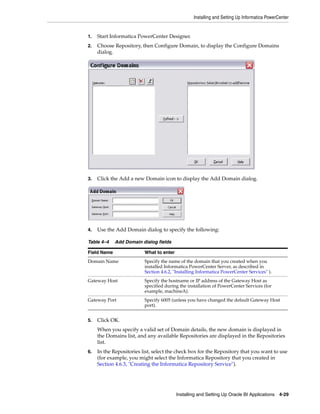 Installing and Setting Up Informatica PowerCenter


1.   Start Informatica PowerCenter Designer.
2.   Choose Repository, then Configure Domain, to display the Configure Domains
     dialog.




3.   Click the Add a new Domain icon to display the Add Domain dialog.




4.   Use the Add Domain dialog to specify the following:

Table 4–4    Add Domain dialog fields

Field Name                What to enter
Domain Name               Specify the name of the domain that you created when you
                          installed Informatica PowerCenter Server, as described in
                          Section 4.6.2, "Installing Informatica PowerCenter Services" ).
Gateway Host              Specify the hostname or IP address of the Gateway Host as
                          specified during the installation of PowerCenter Services (for
                          example, machineA).
Gateway Port              Specify 6005 (unless you have changed the default Gateway Host
                          port).


5.   Click OK.
     When you specify a valid set of Domain details, the new domain is displayed in
     the Domains list, and any available Repositories are displayed in the Repositories
     list.
6.   In the Repositories list, select the check box for the Repository that you want to use
     (for example, you might select the Informatica Repository that you created in
     Section 4.6.3, "Creating the Informatica Repository Service").




                                          Installing and Setting Up Oracle BI Applications 4-29
 