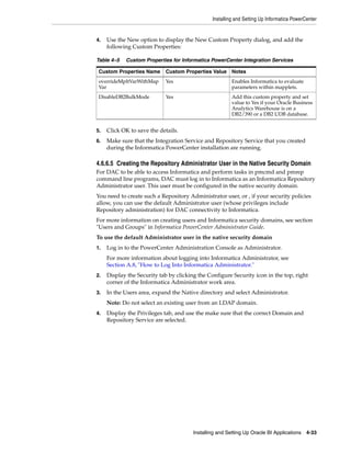 Installing and Setting Up Informatica PowerCenter


4.   Use the New option to display the New Custom Property dialog, and add the
     following Custom Properties:

Table 4–5   Custom Properties for Informatica PowerCenter Integration Services

 Custom Properties Name      Custom Properties Value Notes
 overrideMpltVarWithMap      Yes                         Enables Informatica to evaluate
 Var                                                     parameters within mapplets.
 DisableDB2BulkMode          Yes                         Add this custom property and set
                                                         value to Yes if your Oracle Business
                                                         Analytics Warehouse is on a
                                                         DB2/390 or a DB2 UDB database.


5.   Click OK to save the details.
6.   Make sure that the Integration Service and Repository Service that you created
     during the Informatica PowerCenter installation are running.

4.6.6.5 Creating the Repository Administrator User in the Native Security Domain
For DAC to be able to access Informatica and perform tasks in pmcmd and pmrep
command line programs, DAC must log in to Informatica as an Informatica Repository
Administrator user. This user must be configured in the native security domain.
You need to create such a Repository Administrator user, or , if your security policies
allow, you can use the default Administrator user (whose privileges include
Repository administration) for DAC connectivity to Informatica.
For more information on creating users and Informatica security domains, see section
"Users and Groups" in Informatica PowerCenter Administrator Guide.
To use the default Administrator user in the native security domain
1.   Log in to the PowerCenter Administration Console as Administrator.
     For more information about logging into Informatica Administrator, see
     Section A.8, "How to Log Into Informatica Administrator."
2.   Display the Security tab by clicking the Configure Security icon in the top, right
     corner of the Informatica Administrator work area.
3.   In the Users area, expand the Native directory and select Administrator.
     Note: Do not select an existing user from an LDAP domain.
4.   Display the Privileges tab, and use the make sure that the correct Domain and
     Repository Service are selected.




                                        Installing and Setting Up Oracle BI Applications 4-33
 