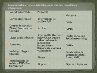  World Wide Web
 Correo electrónico
 Grupos de Noticias
(News, Boletines de
noticias)
 Listas de distribución
 Foros web
 Weblogs, blogs o
bitácoras
 Transferencia de
archivos FTP (File
Transmision
Protocol)
 Intercambio de
archivo P2P
 Archie
 Chats o IRC (Internet
Relay Chat), audio y
videoconferencia,
mensajería
instantánea y
llamadas telefónicas
vía Internet
 Telnet
 Gopher
 Veronica
 Wais
 M*Ds
 Redes sociales o
Social networking
 Wikis
 Sindicación de
contenidos (RSS,
Atom, XML)
 Spaces o Espacios
Los principales servicios o aplicaciones que podemos encontrar en
internet son:
 