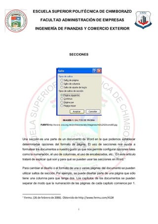 ESCUELA SUPERIOR POLITÉCNICA DE CHIMBORAZO
FACULTAD ADMINISTRACIÓN DE EMPRESAS
INGENIERÍA DE FINANZAS Y COMERCIO EXTERIOR
i
SECCIONES
IMAGEN 1: SALTOS DE PÁGINA
FUENTE:http://w w w .cca.org.mx/profesores/abc/imagenes/m3/u2/t2/icono60.jpg
Una sección es una parte de un documento de Word en la que podemos establecer
determinadas opciones del formato de página. El uso de secciones nos ayuda a
formatear los documentos a nuestro gusto ya que nos permite configurar opciones tales
como la numeración, el uso de columnas, el uso de encabezados, etc. En este artículo
trataré de explicar qué son y para qué se pueden usar las secciones en Word.1
Para cambiar el diseño o el formato de una o varias páginas del documento se pueden
utilizar saltos de sección. Por ejemplo, se puede diseñar parte de una página que sólo
tiene una columna para que tenga dos. Los capítulos de los documentos se pueden
separar de modo que la numeración de las páginas de cada capítulo comience por 1.
1
Fermu.(26 de febrerode 2006). Obtenidode http://www.fermu.com/412#
 