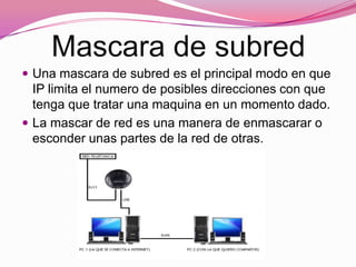 Mascara de subred
Una mascara de subred es el principal modo en que
IP limita el numero de posibles direcciones con que
tenga que tratar una maquina en un momento dado.
La mascar de red es una manera de enmascarar o
esconder unas partes de la red de otras.