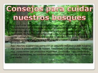 Hay que tomar decisiones de forma consciente. Todos cuentan, ¡todos
podemos hacer algo! Es cada vez más importante tener en cuenta las
decisiones, para tomar parte activamente en el cambio de valores
ecológicos. Ya hay muchas soluciones a los retos de nuestro tiempo, y sin
perder calidad de vida podemos asumir responsabilidad sostenible. Así
podemos conservar un planeta habitable para nosotros y las próximas
generaciones.
Aquí algunas sugerencias como con un pequeño esfuerzo puede hacerse
algo para la preservación de nuestra naturaleza. Con decisiones diarias y
muy conscientes por productos regionales, producidos bajo condiciones
justas y sostenibles, se combinar responsabilidad para los seres humanos
y el medio.
 
