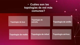 •¿Cuáles son las
topologías de red más
comunes?
Topología de bus
Topología de
estrella Topología de anillo
Topología de malla Topología de árbol Topología ad-hoc
 