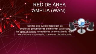 RED DE ÁREA
AMPLIA (WAN)
Son las que suelen desplegar las
empresas proveedoras de Internet para cubrir
las tipos de casino necesidades de conexión de redes
de una zona muy amplia, como una ciudad o país.
 
