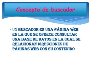 Concepto de buscador

Un buscador es una página web
en la que se ofrece consultar
una base de datos en la cual se
relacionan direcciones de
páginas web con su contenido.

 