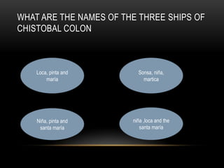 WHAT ARE THE NAMES OF THE THREE SHIPS OF
CHISTOBAL COLON
Loca, pinta and
maría
Sonsa, niña,
martica
Niña, pinta and
santa maría
niña ,loca and the
santa maría
 